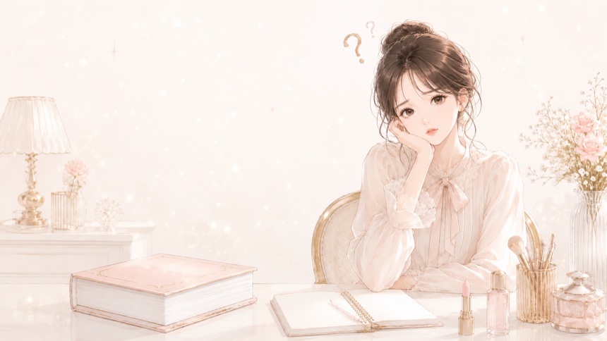 化粧品検定の参考書を前に、何から勉強すればいいか悩む女性